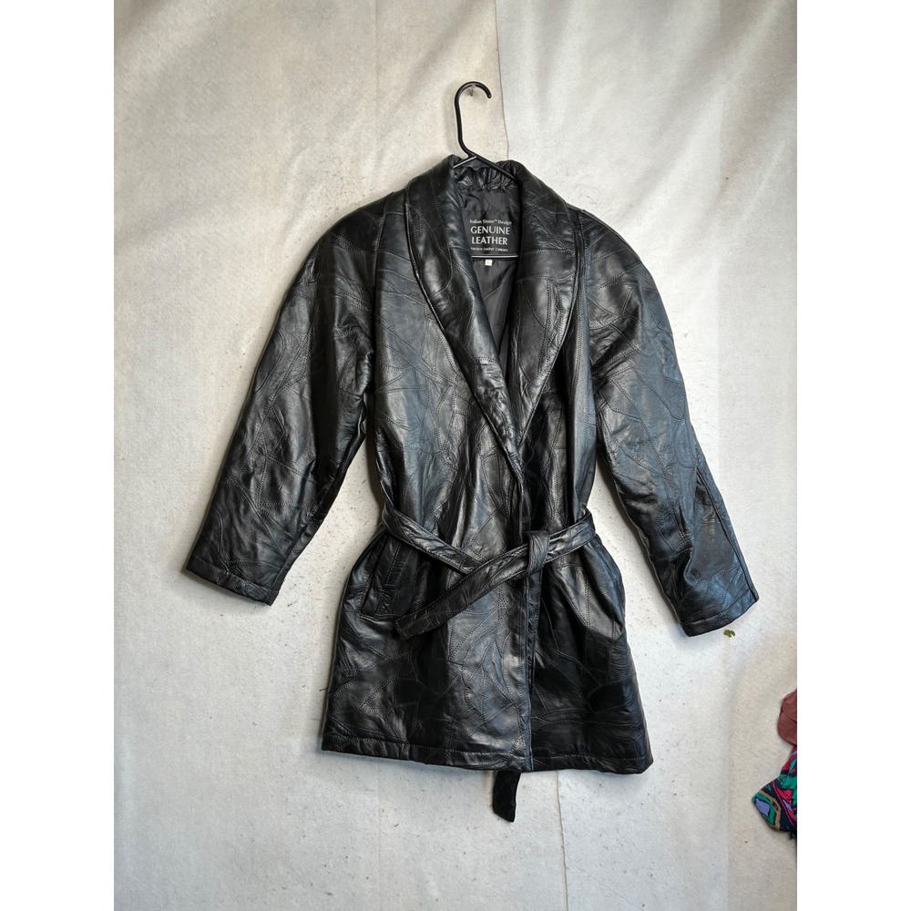 Italian Stone Design Navarre Black Genuine Leather Belted Trench Coat Jacket XL